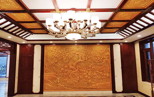钦州中式别墅客厅中式木作横梁吊顶装饰展示