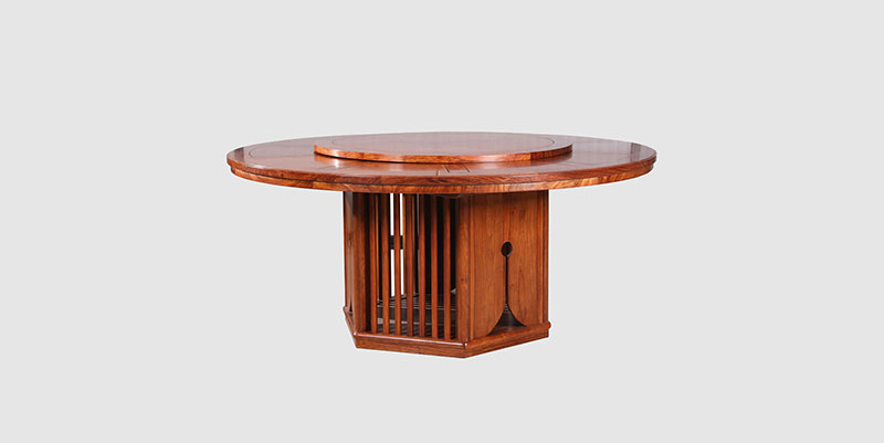 钦州中式餐厅装修天地圆台餐桌红木家具效果图